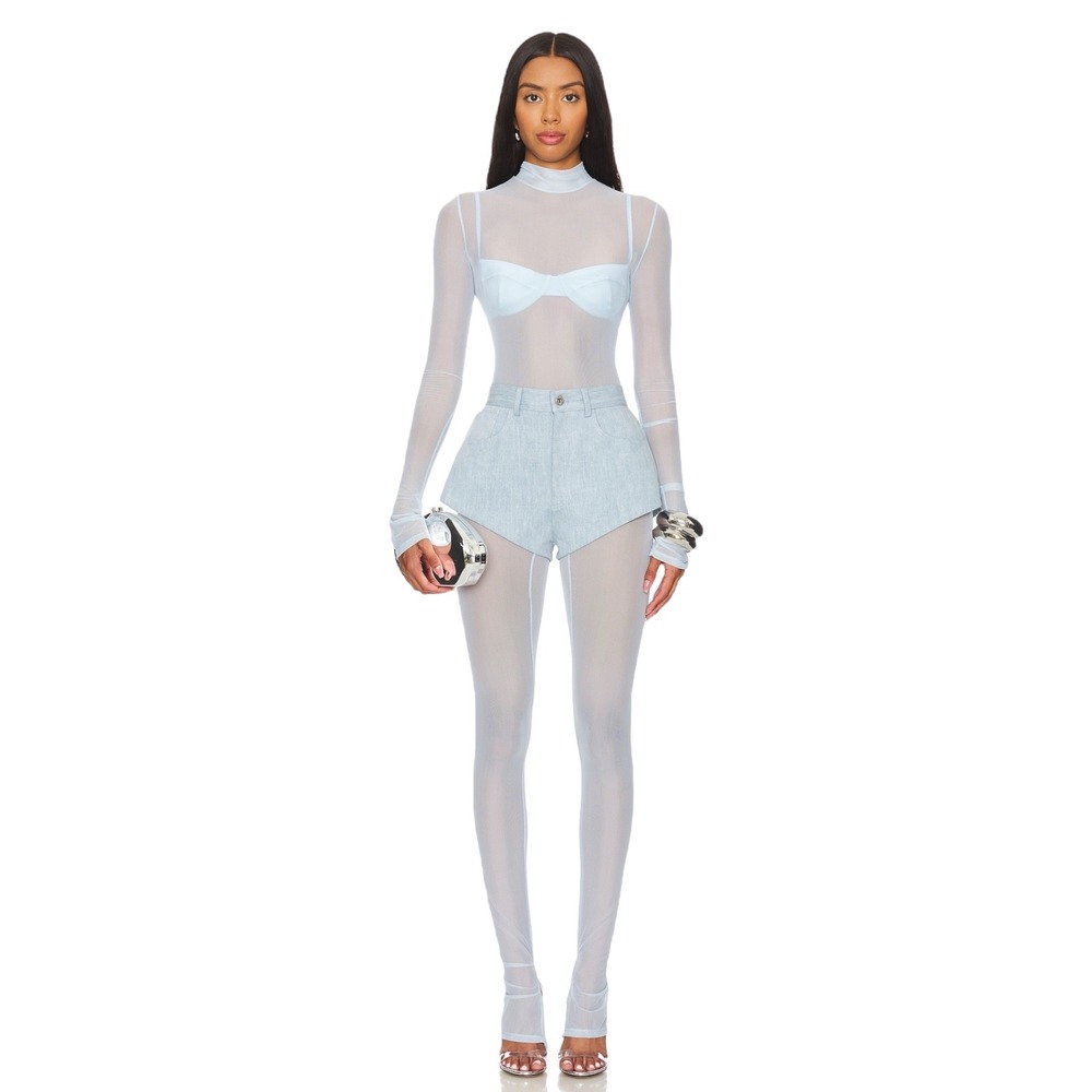 Lapointe Mesh Mock Neck Catsuit‎ in Light Indigo
